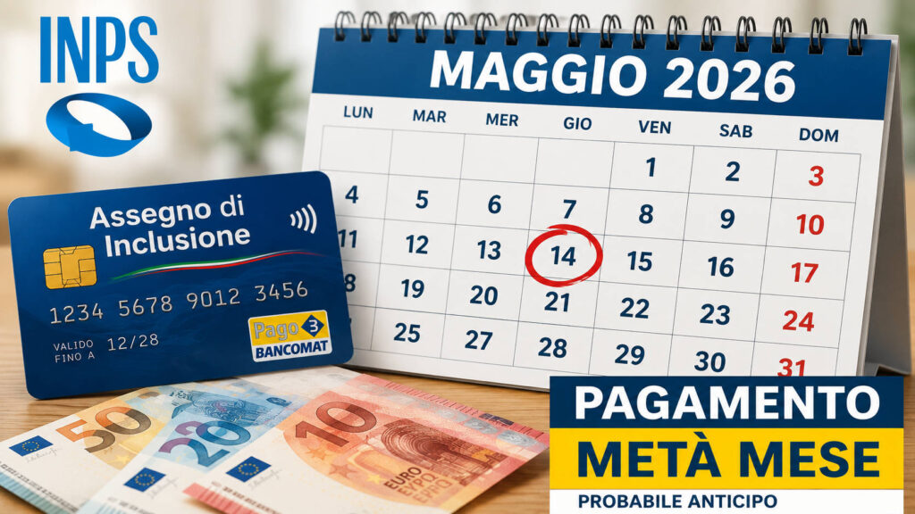 Calendario maggio 2026 con data 14 maggio cerchiata, carta Assegno di Inclusione, logo INPS e banconote euro