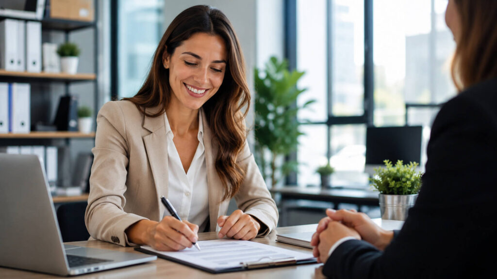 Donna firma un contratto di lavoro in ufficio per nuove assunzioni agevolate con Bonus donne 2026