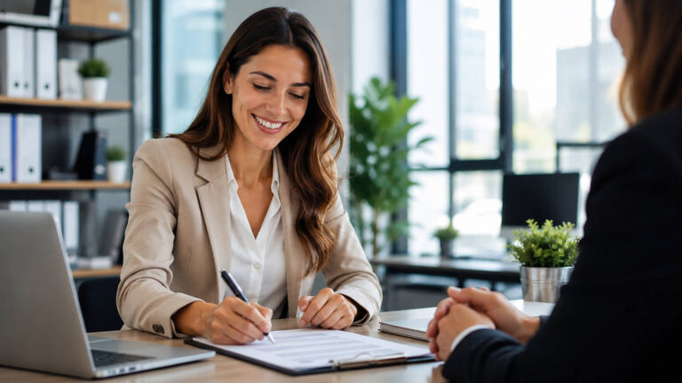 Donna firma un contratto di lavoro in ufficio per nuove assunzioni agevolate con Bonus donne 2026