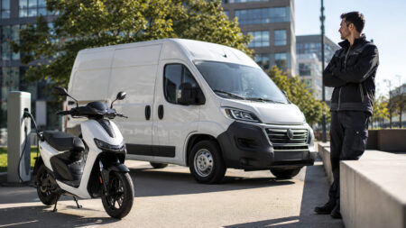 Furgone commerciale e scooter elettrico con colonnina di ricarica in un contesto urbano moderno, immagine relativa ai bonus moto e furgoni 2026