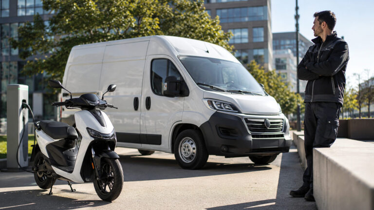 Furgone commerciale e scooter elettrico con colonnina di ricarica in un contesto urbano moderno, immagine relativa ai bonus moto e furgoni 2026