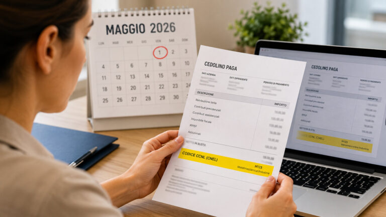 Lavoratrice controlla una busta paga con la nuova voce relativa al codice CCNL introdotta nel cedolino di maggio 2026.