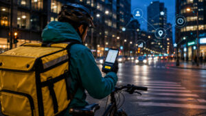 Rider della Gig Economy durante consegna con app digitale e nuove regole sul lavoro