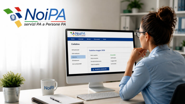 Cedolino NoiPA maggio 2026 online: cosa puoi verificare subito Dipendente pubblica controlla il cedolino NoiPA di maggio 2026 al computer con logo NoiPA in evidenza