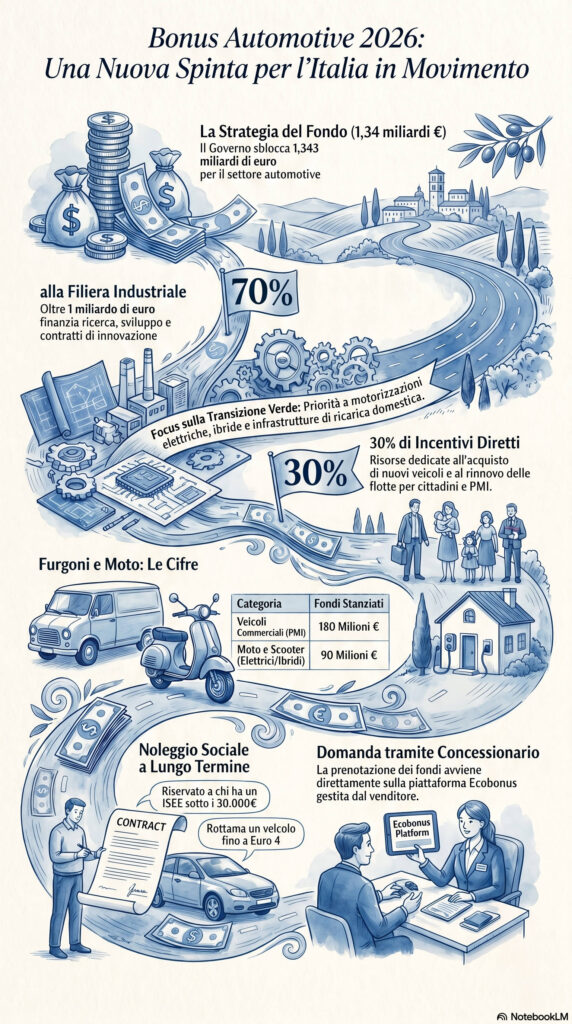 Infografica sui bonus moto e furgoni 2026 con incentivi, noleggio sociale, fondi e novità del DPCM Automotive