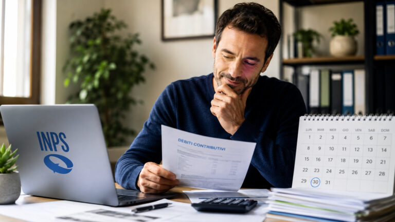 Professionista alla scrivania controlla documenti e scadenze relative ai debiti contributivi INPS e alle nuove regole di rateizzazione fino a 60 rate.