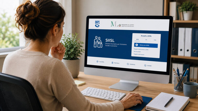 Donna al computer mentre accede al portale SIISL dopo la domanda NASpI sul sito INPS