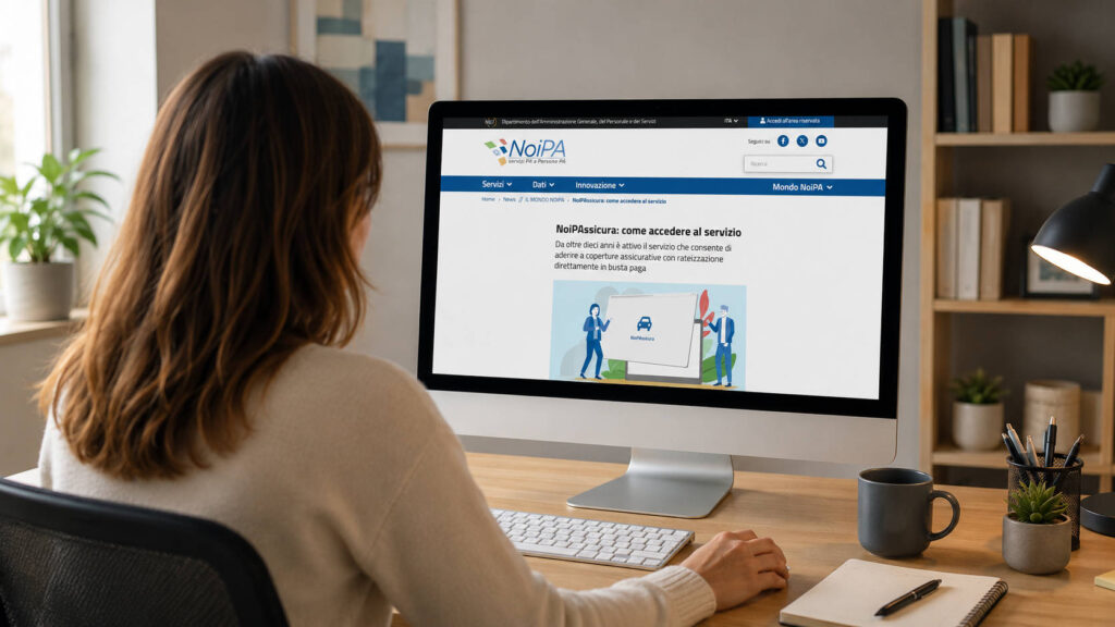 Donna davanti al computer mentre consulta il servizio NoiPAssicura sul portale NoiPA