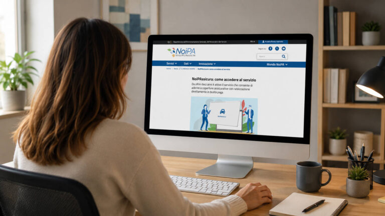 Donna davanti al computer mentre consulta il servizio NoiPAssicura sul portale NoiPA