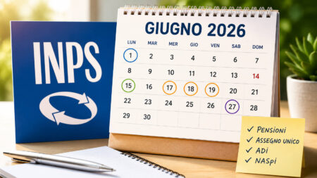 Calendario dei pagamenti INPS di giugno 2026 con date di pensioni, Assegno Unico, ADI e NASpI su scrivania con logo INPS