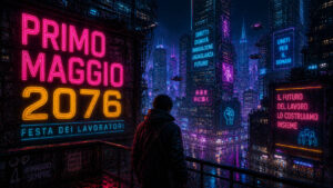 Primo Maggio in stile cyberpunk con città futuristica e scritta Primo Maggio 2076