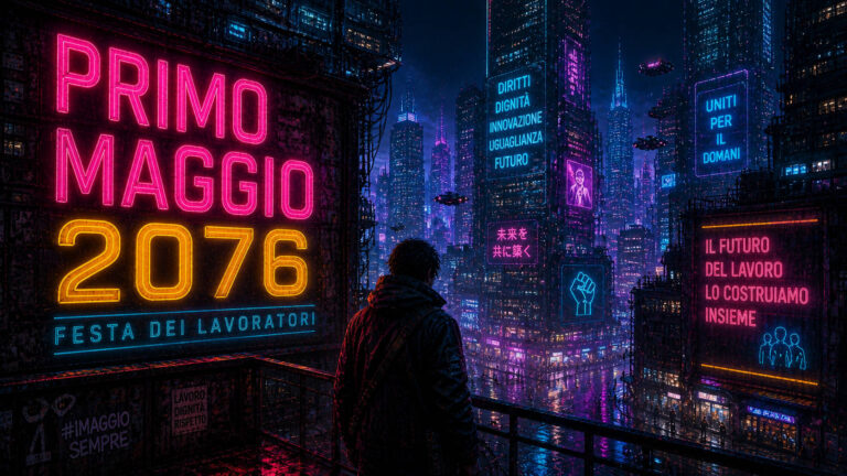 Primo Maggio in stile cyberpunk con città futuristica e scritta Primo Maggio 2076