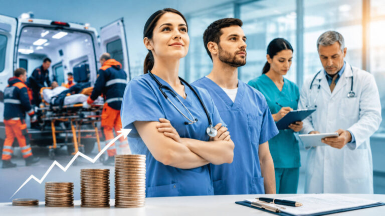 Infermiera in ospedale con documenti e simboli legati agli aumenti del contratto sanità 2025-2027