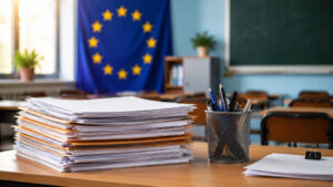 Scrivania in una scuola con documenti e bandiera dell’Unione Europea sullo sfondo per la sentenza della Corte UE sui contratti a termine del personale ATA