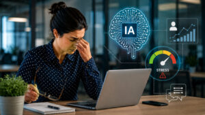 Lavoratrice al computer in ufficio con indicatori digitali di stress e intelligenza artificiale, simbolo dei rischi legati al monitoraggio emotivo sul lavoro.