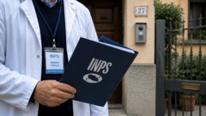 Medico fiscale INPS davanti a un’abitazione privata durante un controllo per malattia