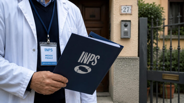 Medico fiscale INPS davanti a un’abitazione privata durante un controllo per malattia
