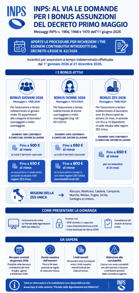 Infografica INPS sui bonus assunzioni 2026 con esoneri contributivi per giovani under 35, donne svantaggiate e lavoratori assunti nelle regioni ZES.