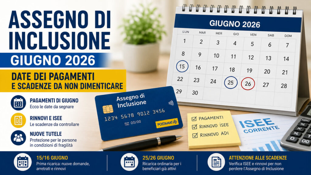 Assegno di Inclusione giugno 2026 con calendario dei pagamenti ADI, scadenze ISEE e controlli da effettuare per evitare sospensioni del beneficio.