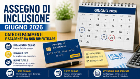 Assegno di Inclusione giugno 2026 con calendario dei pagamenti ADI, scadenze ISEE e controlli da effettuare per evitare sospensioni del beneficio.