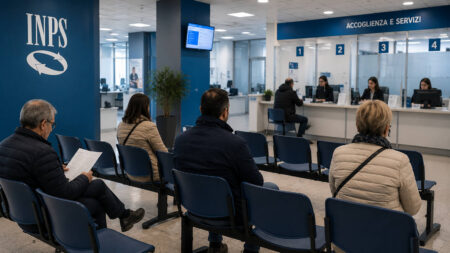 Sala d'attesa di una sede INPS con cittadini in attesa, immagine che rappresenta il passaggio dall'assegno ordinario di invalidità alla pensione di vecchiaia.