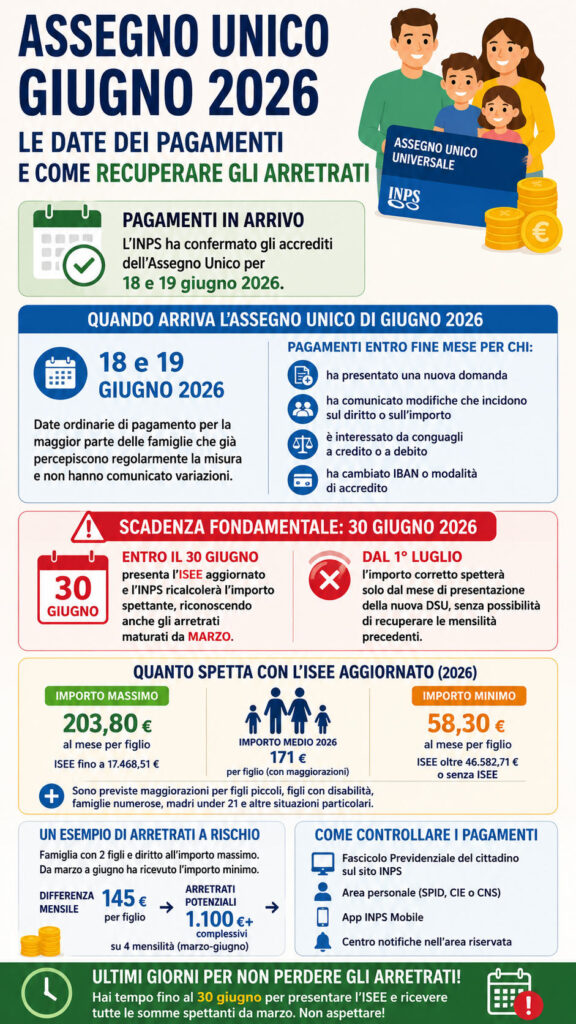 Infografica Assegno Unico giugno 2026 con calendario dei pagamenti del 18 e 19 giugno, scadenza ISEE del 30 giugno e informazioni sul recupero degli arretrati.