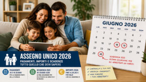 Assegno Unico giugno 2026, pagamenti in arrivo: occhio a non perdere gli arretrati Famiglia sul divano che consulta un tablet accanto a un calendario di giugno 2026 con le date dei pagamenti dell’Assegno Unico e la scadenza ISEE evidenziate.