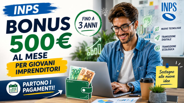 Bonus da 500 euro al mese per i giovani imprenditori: partono i pagamenti INPS Bonus INPS da 500 euro al mese per giovani imprenditori nei settori strategici.