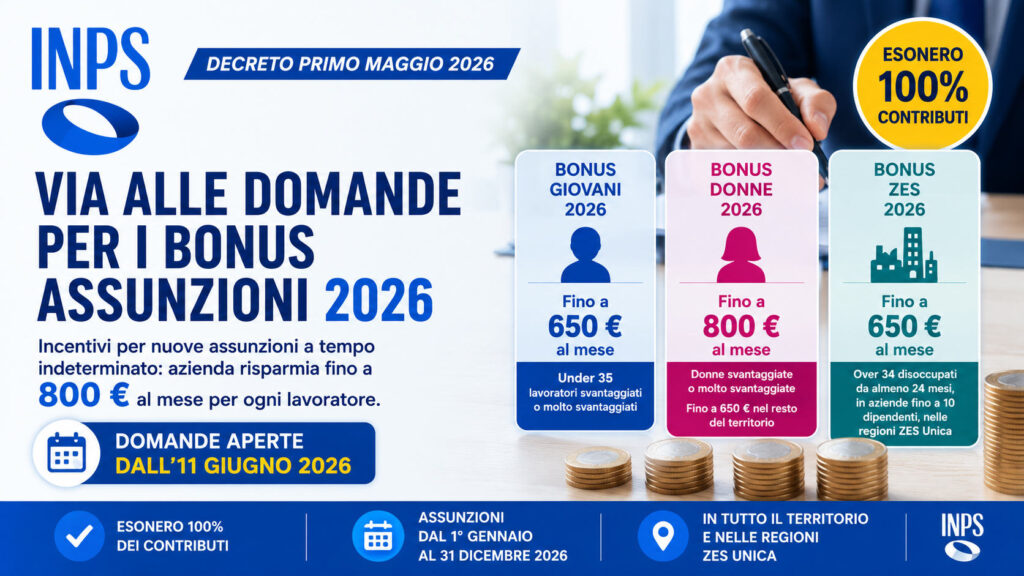 Fino a 800 euro al mese per ogni assunzione: al via le richieste di incentivi INPS Datore di lavoro firma un contratto di assunzione con riferimento ai bonus INPS 2026 per giovani under 35, donne svantaggiate e lavoratori assunti nelle aree ZES.