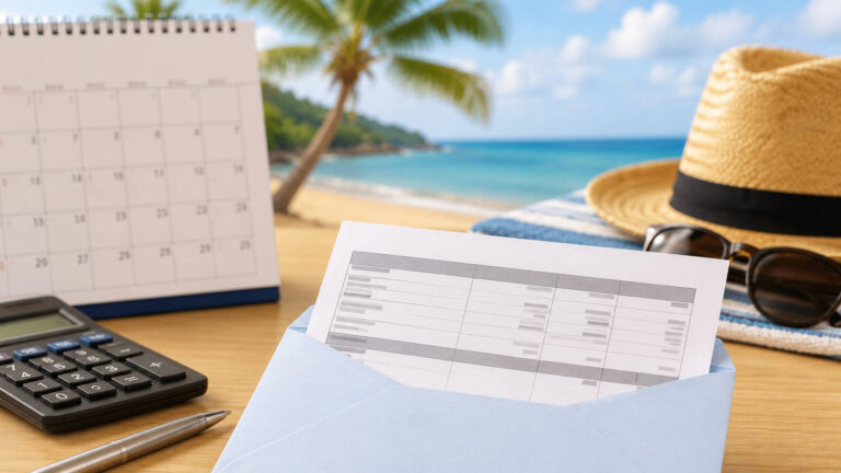 Busta paga durante le ferie: quando lo stipendio può essere più basso del normale Busta paga inserita in una busta su una scrivania con calendario e accessori da vacanza davanti al mare, simbolo della retribuzione durante le ferie.