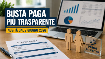 Busta paga più trasparente, arrivano nuove regole: cosa cambia dal 7 giugno 2026 Busta paga su una scrivania con simboli di parità retributiva tra uomo e donna e nuove regole sulla trasparenza degli stipendi in vigore dal 7 giugno 2026.