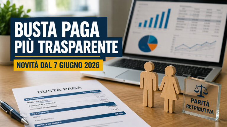 Busta paga su una scrivania con simboli di parità retributiva tra uomo e donna e nuove regole sulla trasparenza degli stipendi in vigore dal 7 giugno 2026.