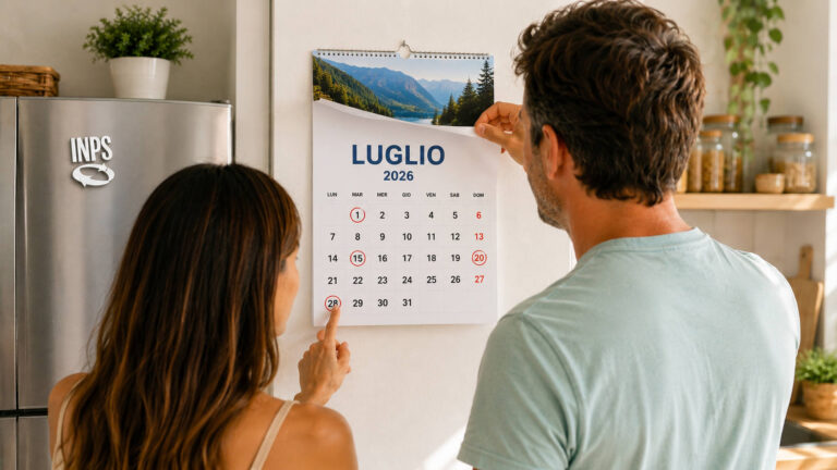 Una coppia consulta un calendario di luglio 2026 con le date dei pagamenti INPS evidenziate in rosso, tra cui pensioni, Assegno di Inclusione e Assegno Unico.