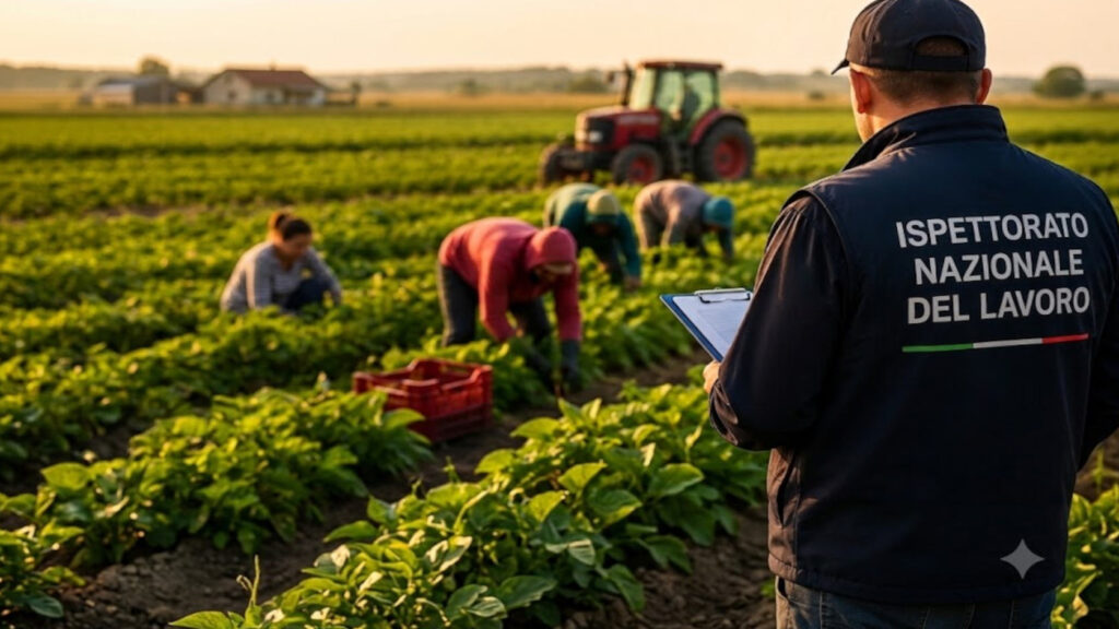 Ispettore del lavoro durante controlli in un campo agricolo nell'ambito della campagna nazionale contro il caporalato e lo sfruttamento dei lavoratori stagionali.