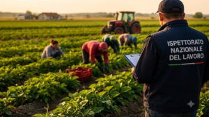 Caporalato in agricoltura, controlli rafforzati per tutta l’estate Ispettore del lavoro durante controlli in un campo agricolo nell'ambito della campagna nazionale contro il caporalato e lo sfruttamento dei lavoratori stagionali.