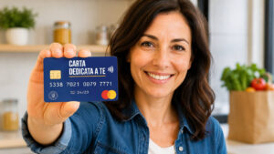 Donna mostra la Carta Dedicata a Te 2026 per il bonus spesa da 500 euro.