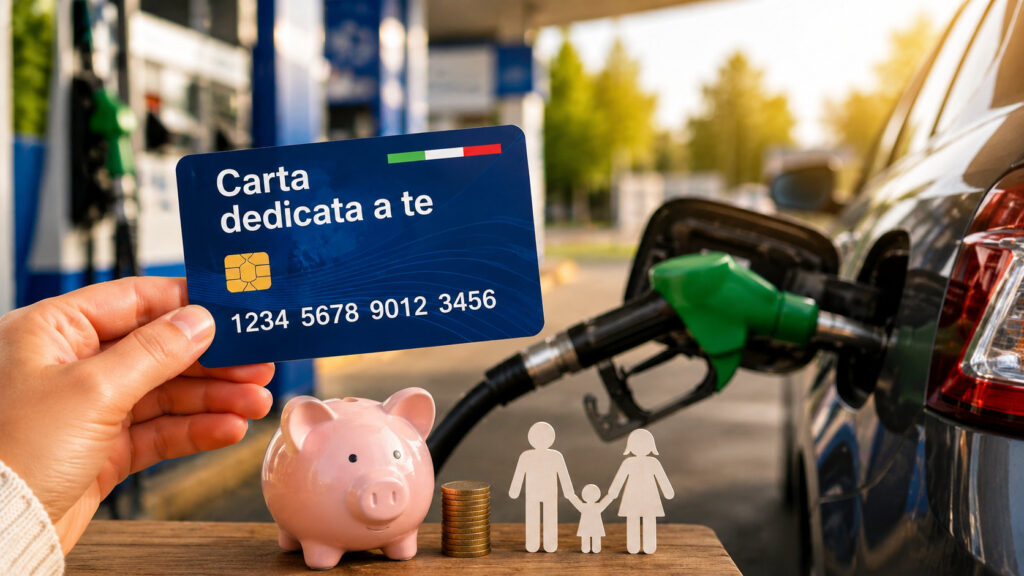 Carta Dedicata a Te, spunta un nuovo bonus benzina fino a 100 euro Carta Dedicata a Te davanti a una pompa di benzina, simbolo del possibile bonus carburante fino a 100 euro per le famiglie.