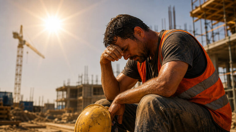 Caldo estremo, torna la cassa integrazione anche nel 2026: cosa cambia per aziende e lavoratori Operaio edile seduto in un cantiere sotto il sole cocente, con la testa abbassata per la stanchezza causata dal caldo estremo.