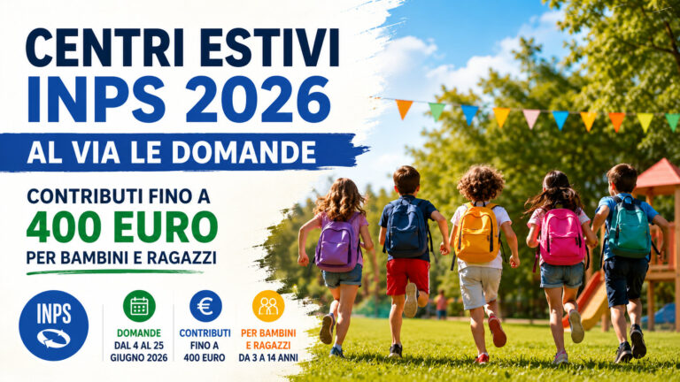 Bambini che partecipano a un centro estivo all'aperto durante l'estate 2026 con riferimento ai contributi INPS per le famiglie.