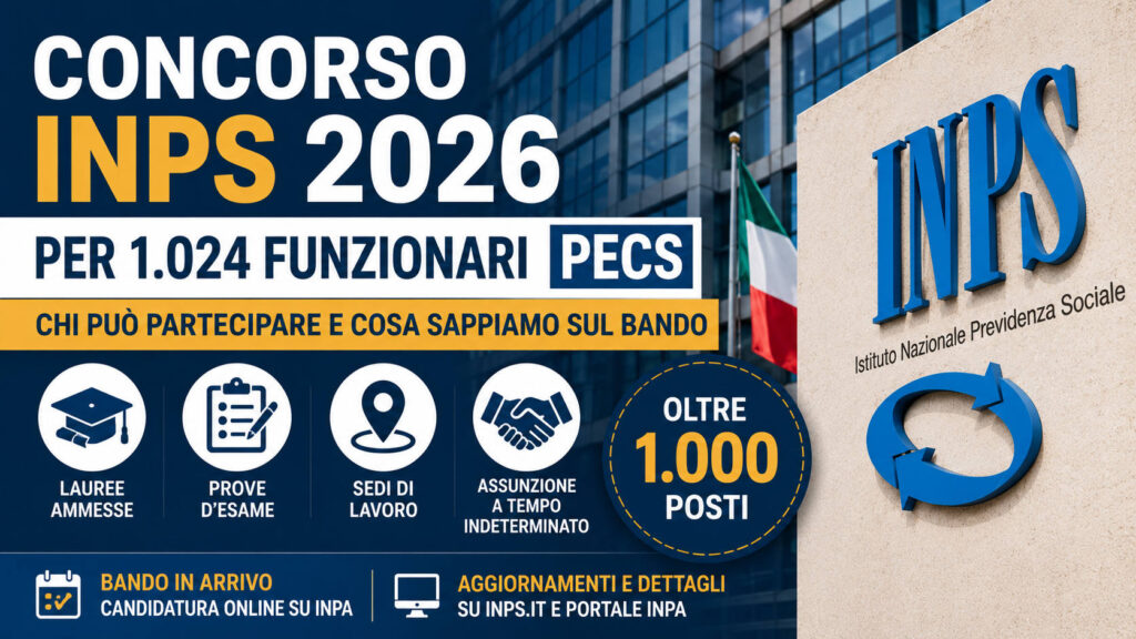 Nuovo Concorso INPS 2026 per 1.024 funzionari PECS: chi può partecipare e cosa sappiamo sul bando Concorso INPS 2026 per 1.024 funzionari PECS con sede INPS e informazioni sul nuovo bando
