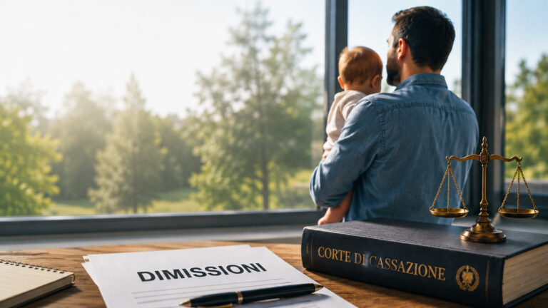 Dimissioni dopo la nascita di un figlio: attenzione a questa regola poco conosciuta Padre lavoratore con bambino in braccio davanti a una finestra, con documenti di dimissioni e simboli della giustizia su una scrivania.