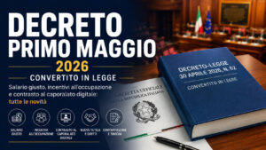 Decreto Primo Maggio 2026 convertito in legge con il Senato sullo sfondo e un testo normativo che rappresenta le nuove misure su salario giusto, occupazione e caporalato digitale.