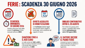 Infografica sulle ferie non godute con scadenza al 30 giugno 2026, obblighi contributivi e sanzioni per le aziende.