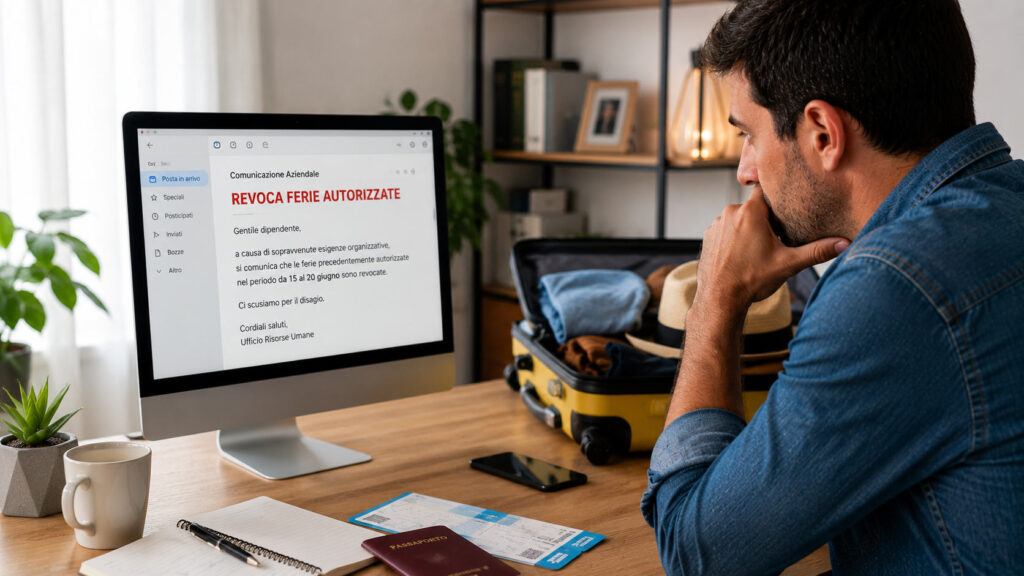 Lavoratore preoccupato davanti al computer dopo la revoca delle ferie già autorizzate mentre prepara una vacanza.