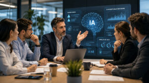 Riunione aziendale con strumenti di intelligenza artificiale a supporto delle decisioni sul lavoro e gestione del personale