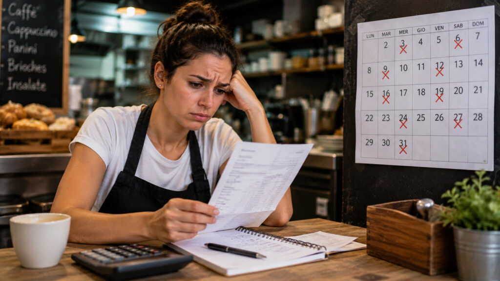 Lavoratrice part-time che controlla una busta paga in un locale, simbolo del lavoro povero e della discontinuità lavorativa in Italia.