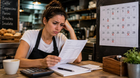 Lavoratrice part-time che controlla una busta paga in un locale, simbolo del lavoro povero e della discontinuità lavorativa in Italia.