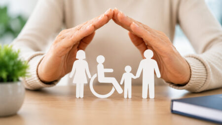 Legge 104, ecco chi rischia di perdere i benefici con la riforma della disabilità Mani che proteggono una famiglia con una persona con disabilità, simbolo dei benefici della Legge 104 e delle novità introdotte dalla riforma della disabilità.