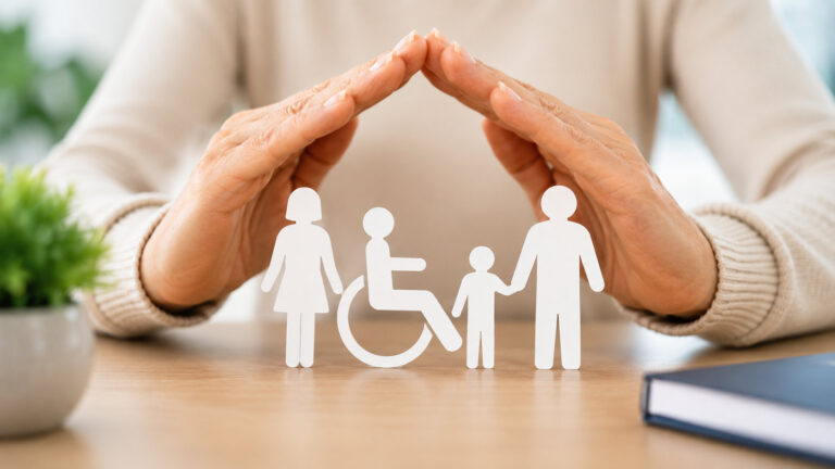 Mani che proteggono una famiglia con una persona con disabilità, simbolo dei benefici della Legge 104 e delle novità introdotte dalla riforma della disabilità.