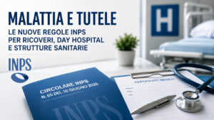 Documenti INPS e strumenti medici che rappresentano le nuove regole sulla malattia per day hospital, RSA e altre strutture sanitarie nel 2026